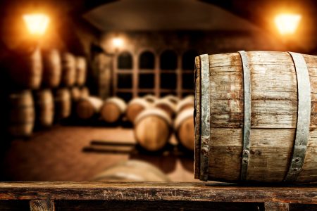Barrels in a dark cellar.